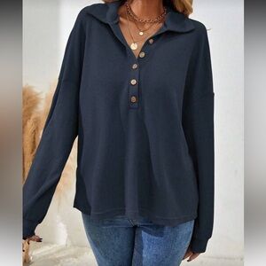 NWOT SIZE L Women's Navy Button-Up Top waffle knit casual